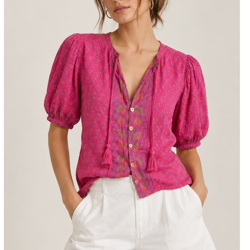 Cleobella Amari Blouse Women's Small Pink Ditzy Mix Puff Sleeve Button Front